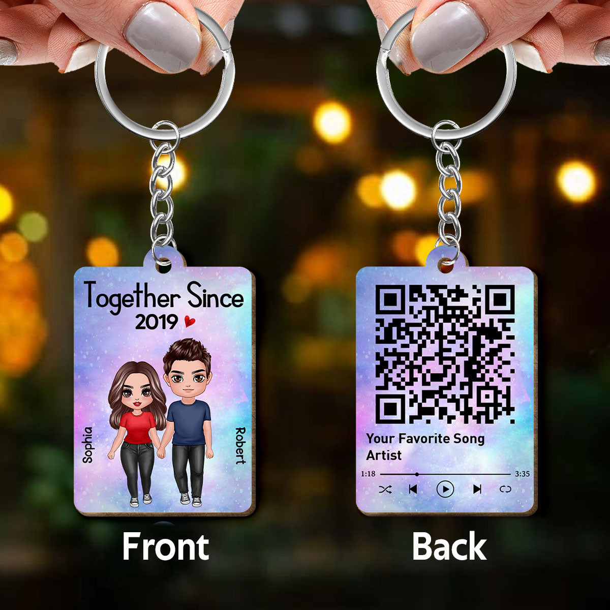 Standing Doll Couple Together Since Favorite Song Scannable QR Code Personalized Wooden Keychain