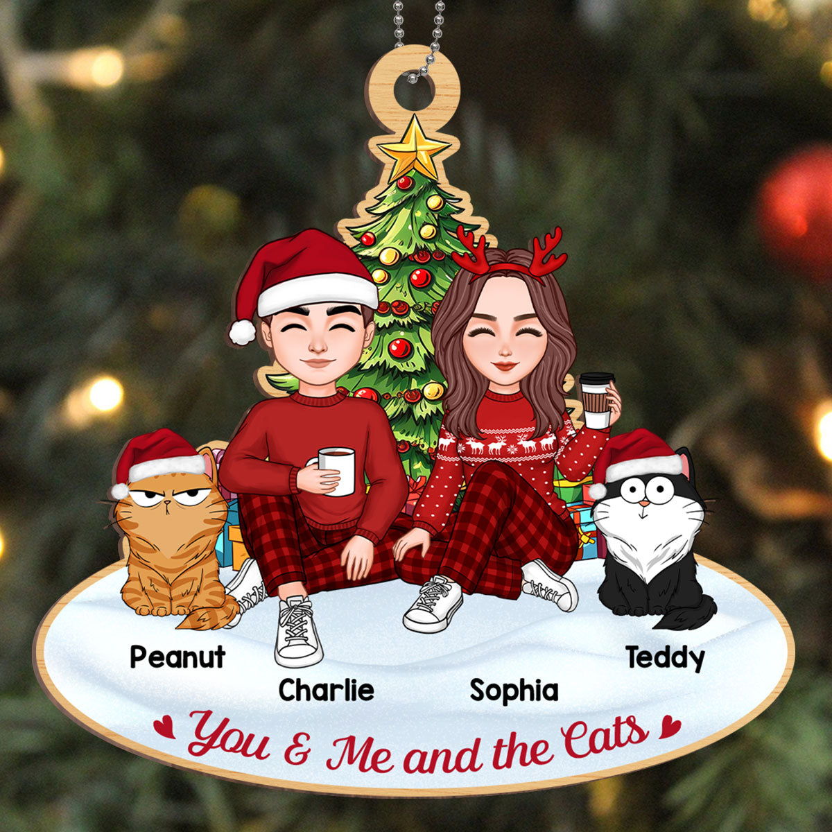 Couple And The Cats Under Christmas Tree Personalized Wooden Ornament
