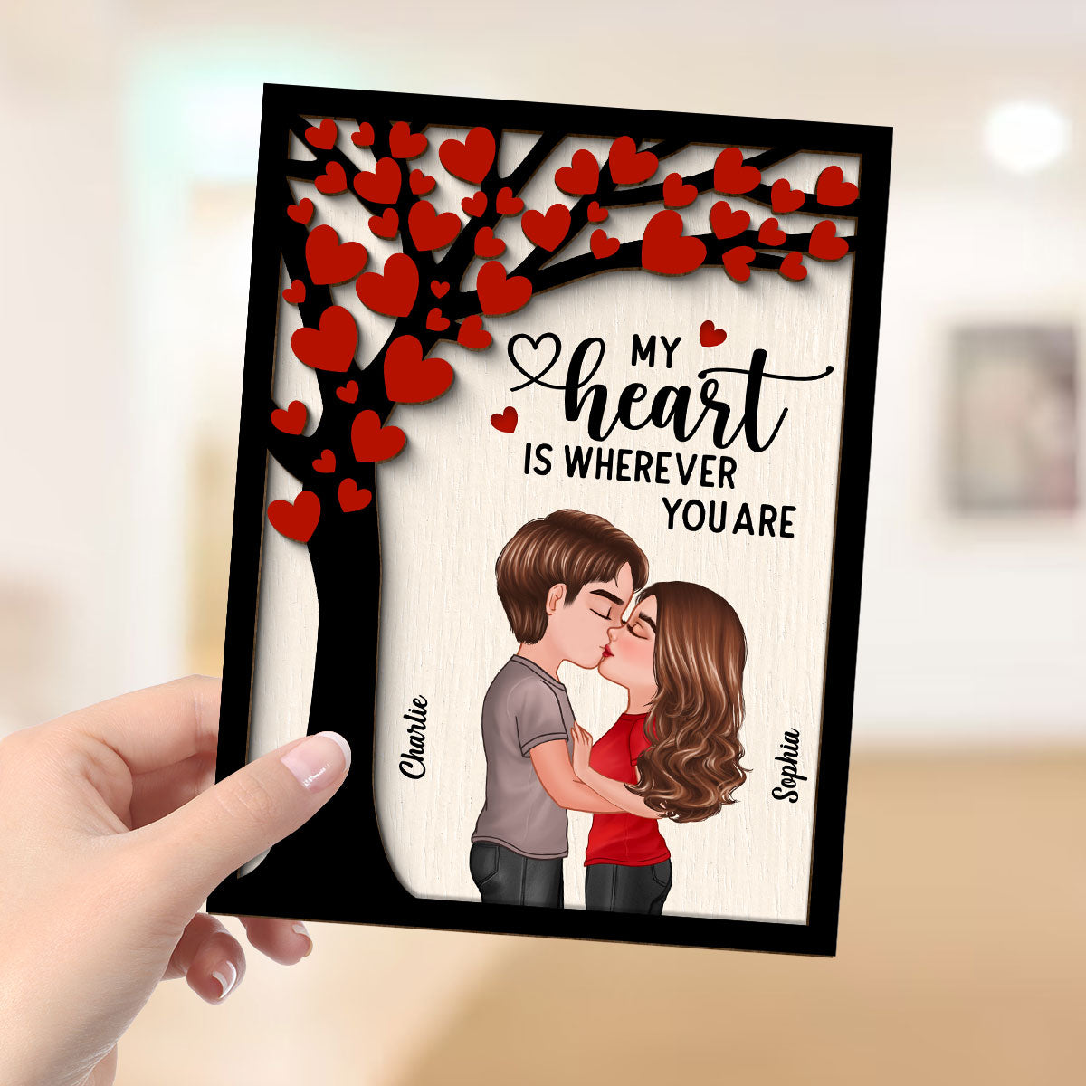 Couple Kissing Under Heart Tree Personalized 2-Layer Wooden Plaque