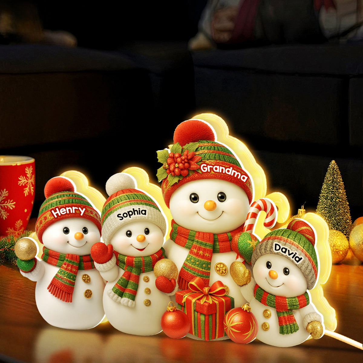 Festive Snowman Grandma & Grandkids - Personalized Light Box - Christmas Gift for Grandma