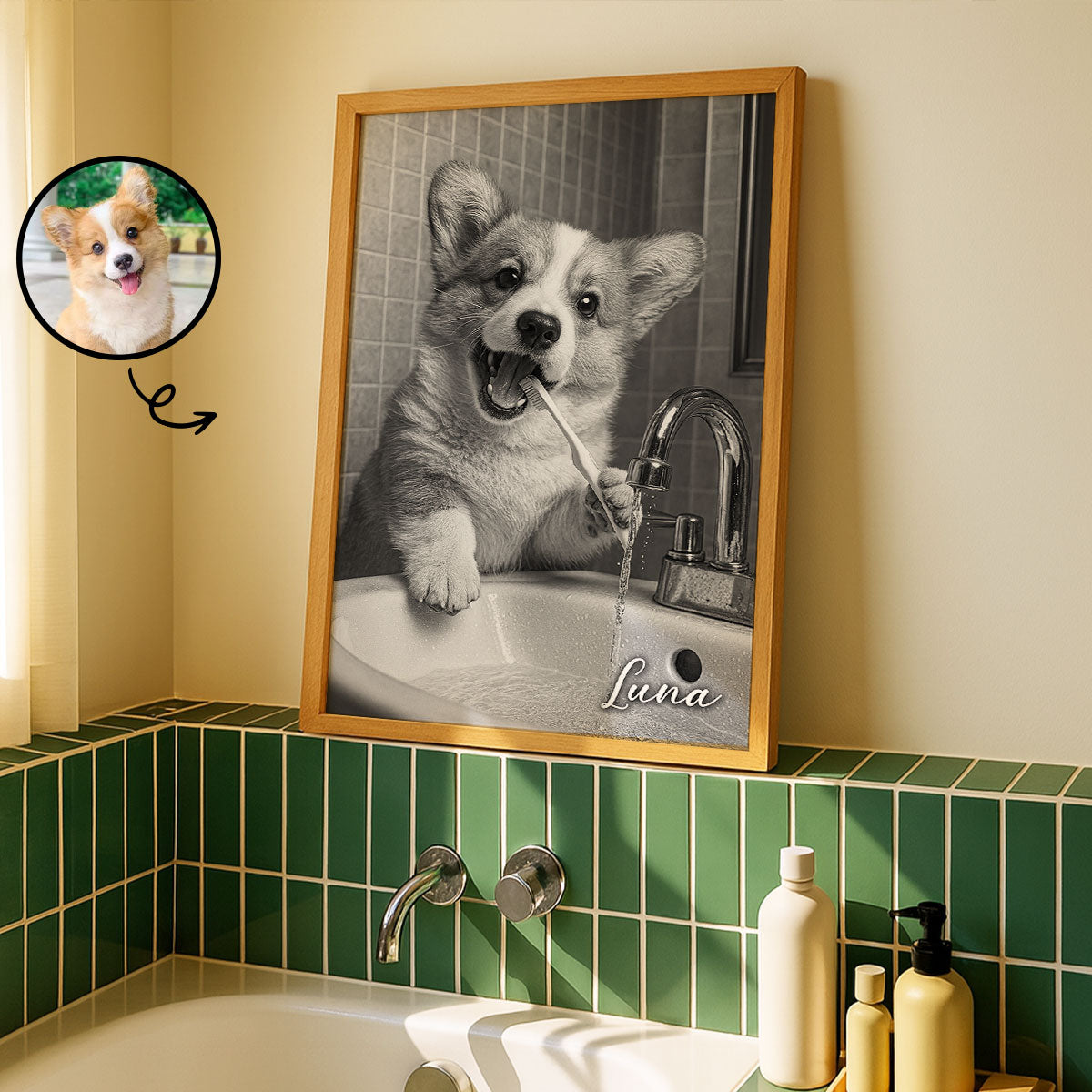 Custom Pet Portrait from Photo, Funny Bathroom Dog Reading Newspaper on Toilet, Dog Wall Art, Personalized Pet Gift