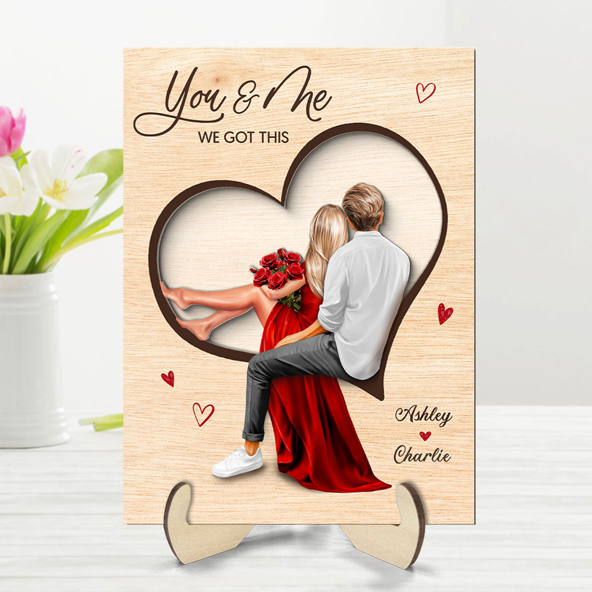 Couple Sitting On Heart Engraved Personalized 2-Layer Wooden Plaque,  gift, Anniversary Gift for Couples