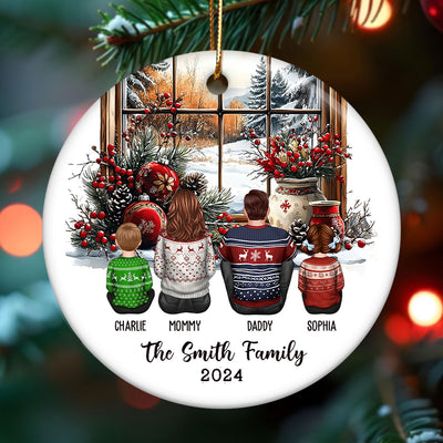 Family Sitting By The Window Personalized Ceramic Ornament, Christmas Gift for Siblings