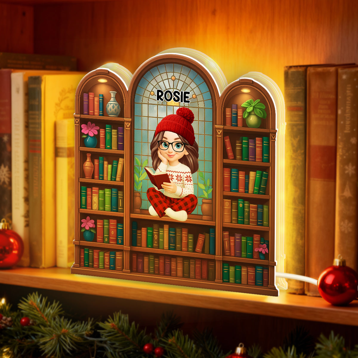 Christmas Cozy Vibe Pretty Girl Reading Book In Arched Bookshelf - Personalized Light Box