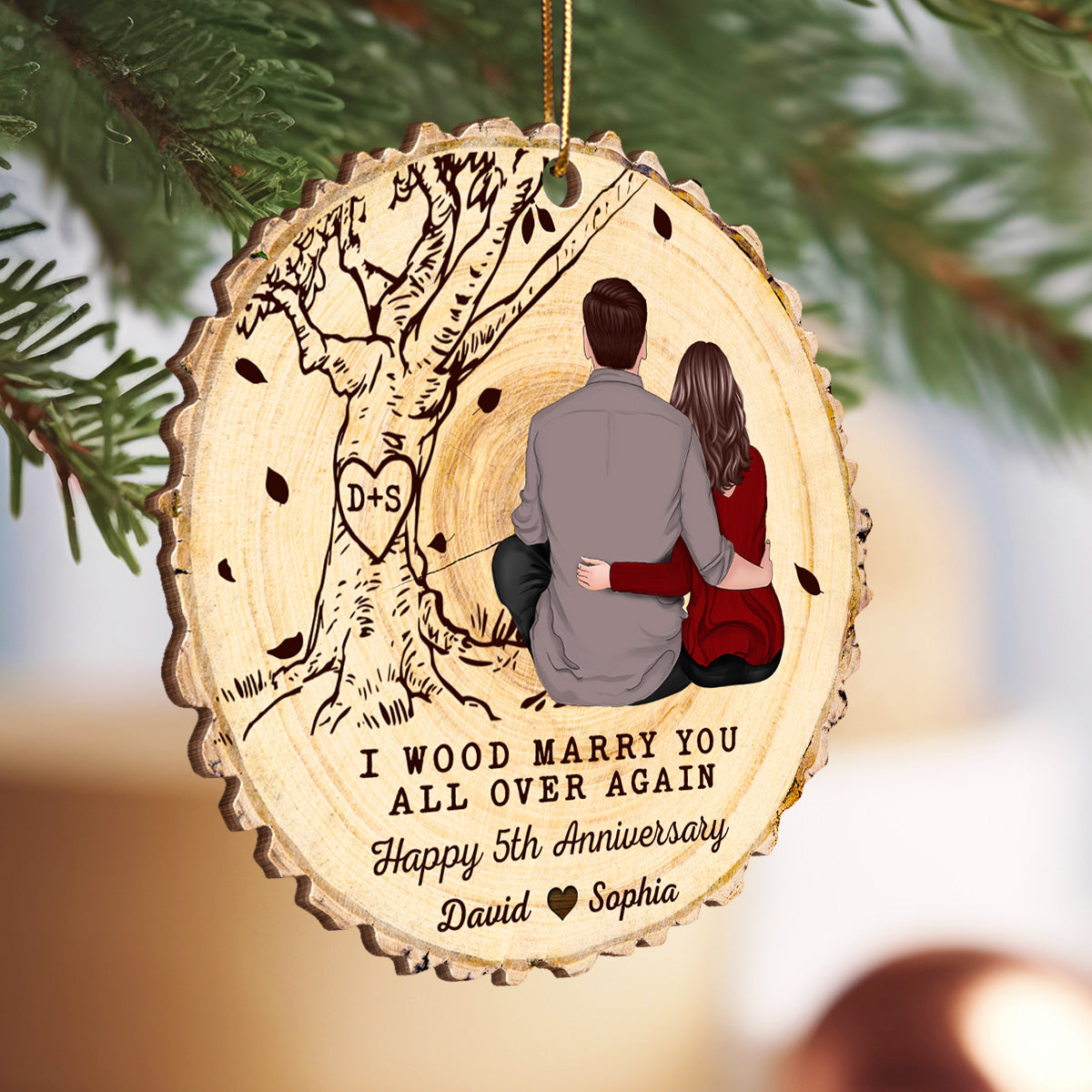 I Wood Marry You All Over Again Couple Sitting Back View Personalized Wooden Ornament, Anniversary Gift For Him, Gift For Her