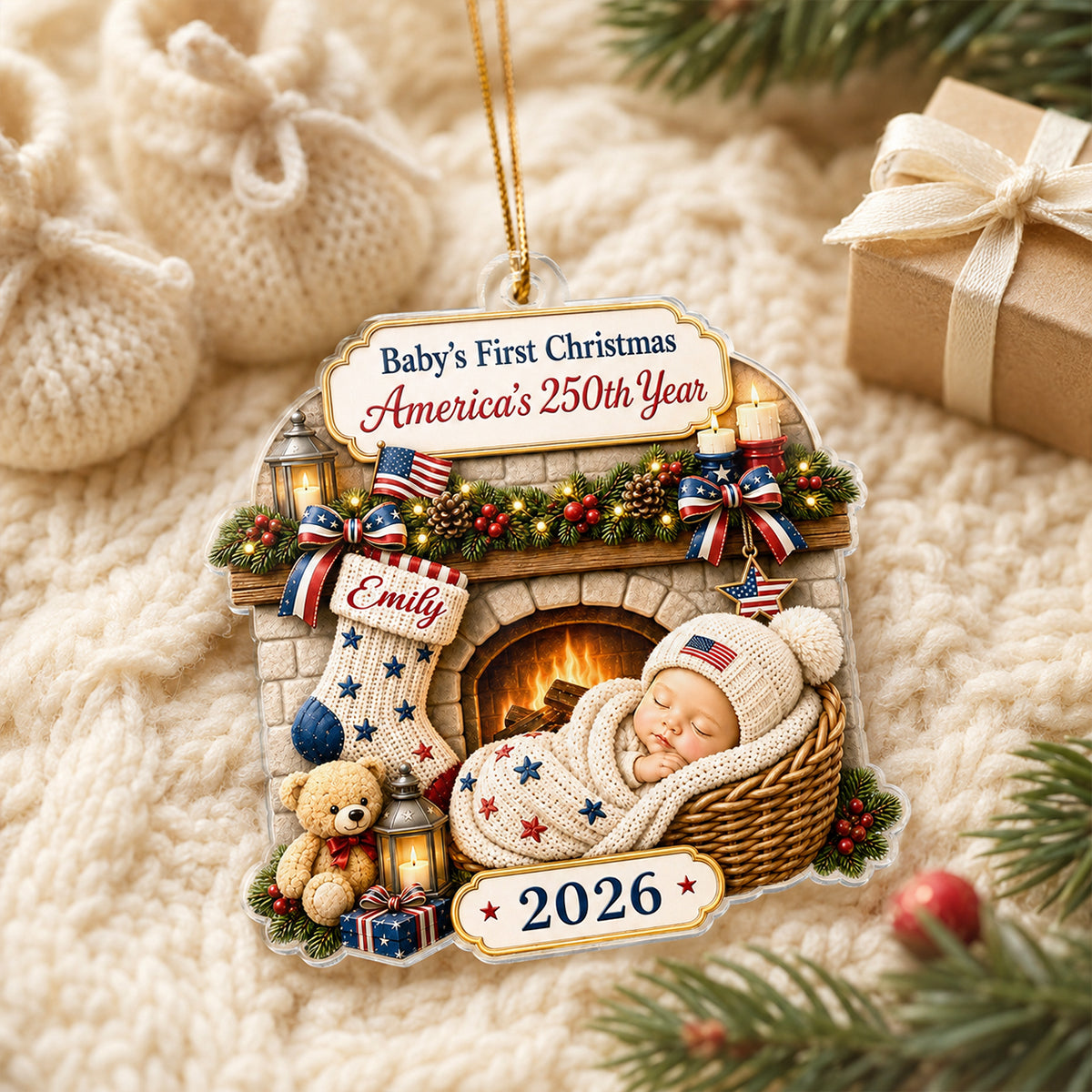 Baby 1st Christmas America 250th Anniversary - Personalized Acrylic Ornament - Newborn Keepsake, New Baby Gift