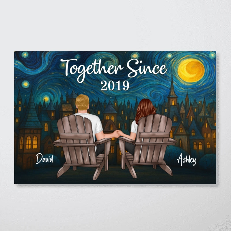 Couple Sitting Back View Night Sky Art Personalized Poster