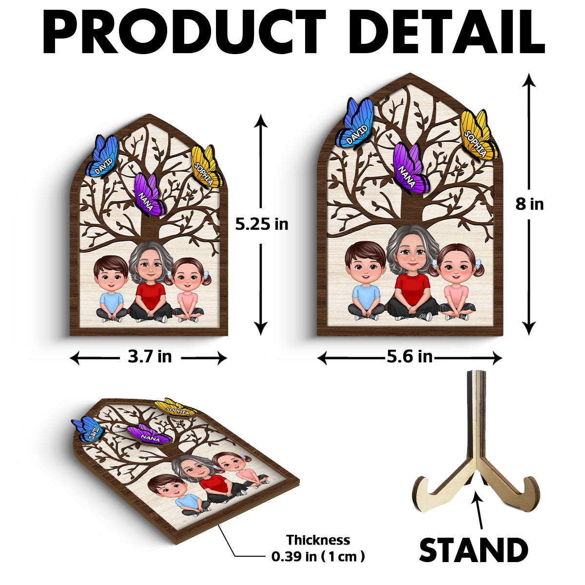 Grandma Mom Kids Crossed Legs Under Tree Butterflies Personalized 2-layer Wooden Plaque