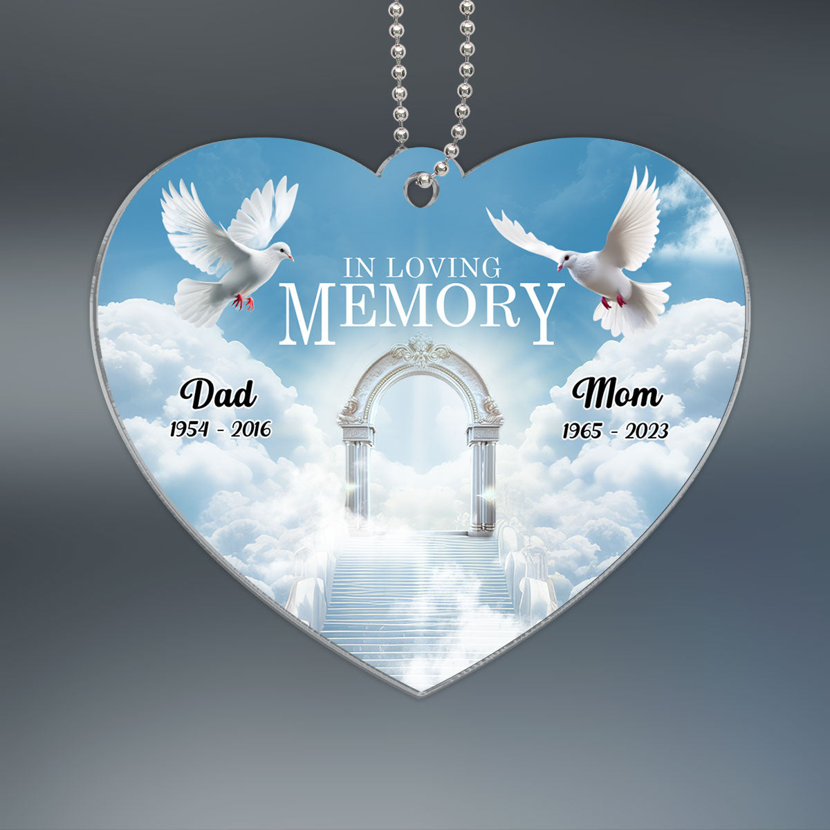 White Doves In Loving Memory Personalized Heart Shaped Acrylic Ornament