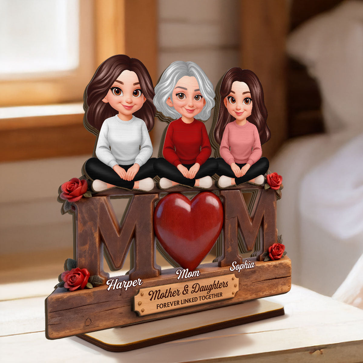 Rose MOM And Daughters Sons - Personalized 2-Layered Wooden Plaque - Heartfelt Mother's Day Gift For Mom