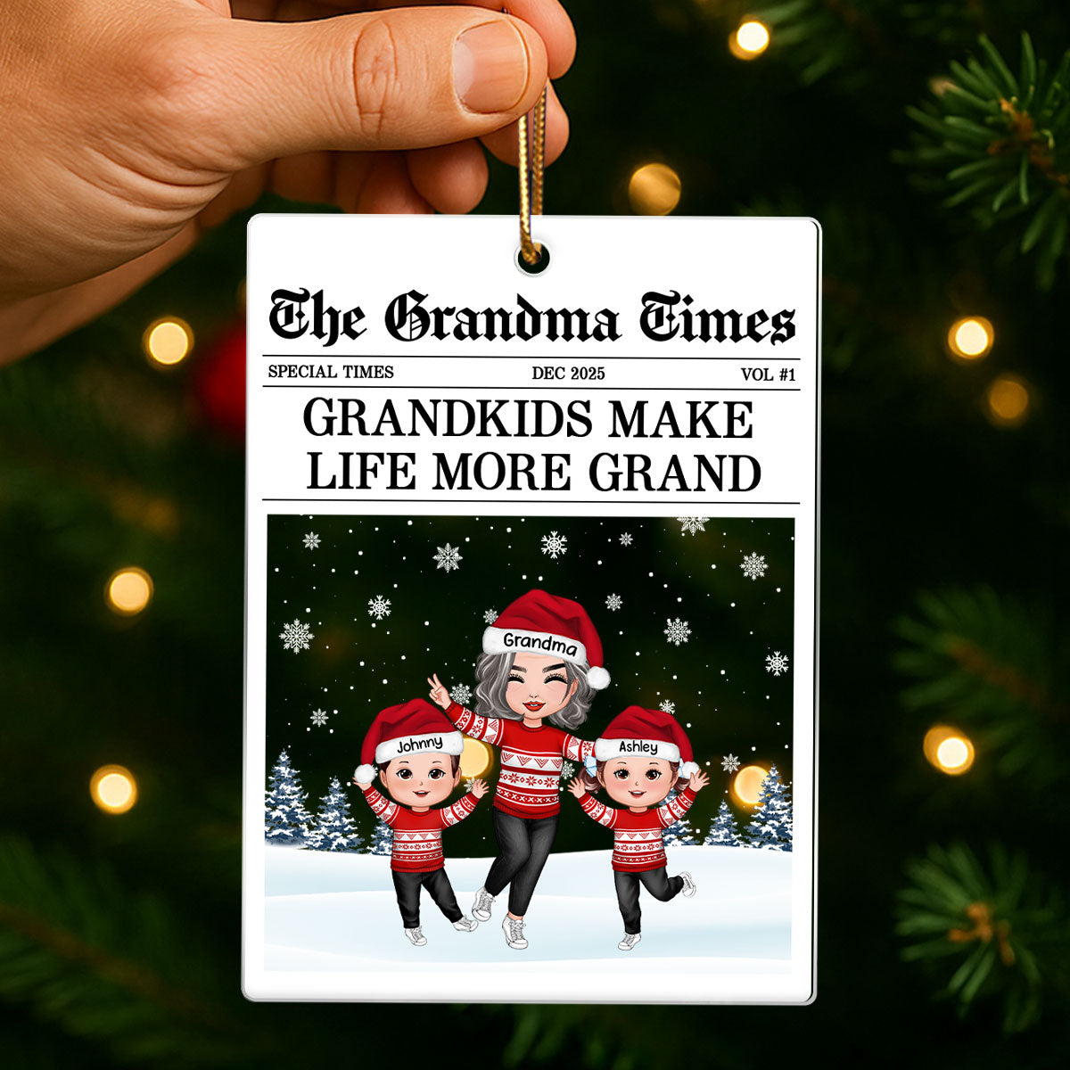 The Grandma Times Grandkids Newspaper - Personalized Acrylic Ornament - Christmas Gift for Grandma