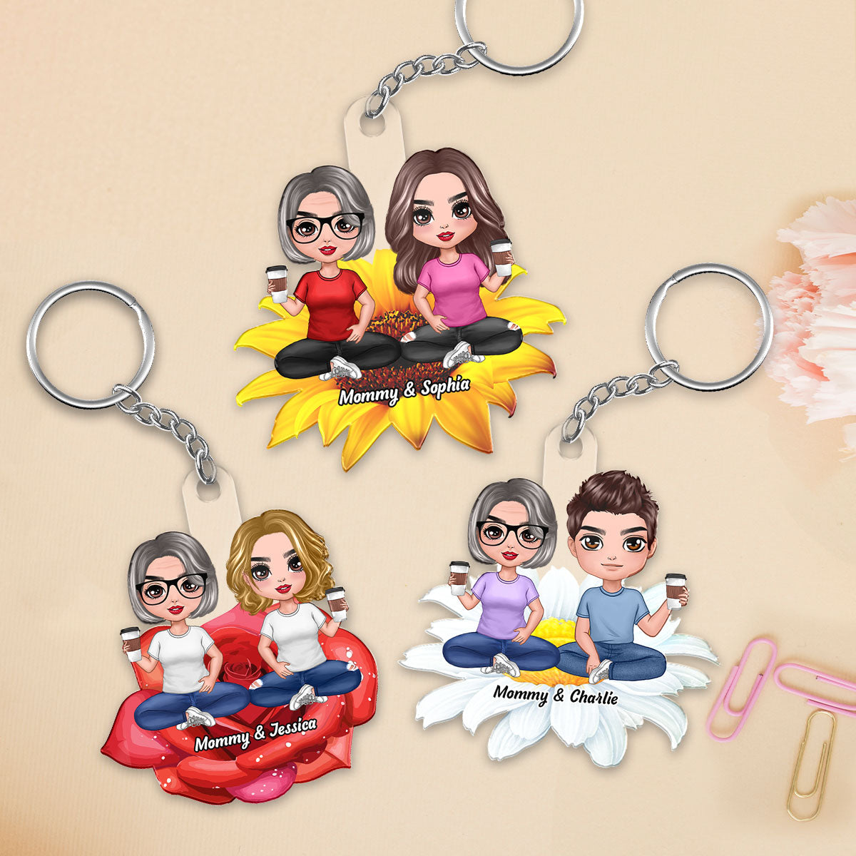 Mom Daughters Sons Sitting On Flower Personalized Acrylic Keychain