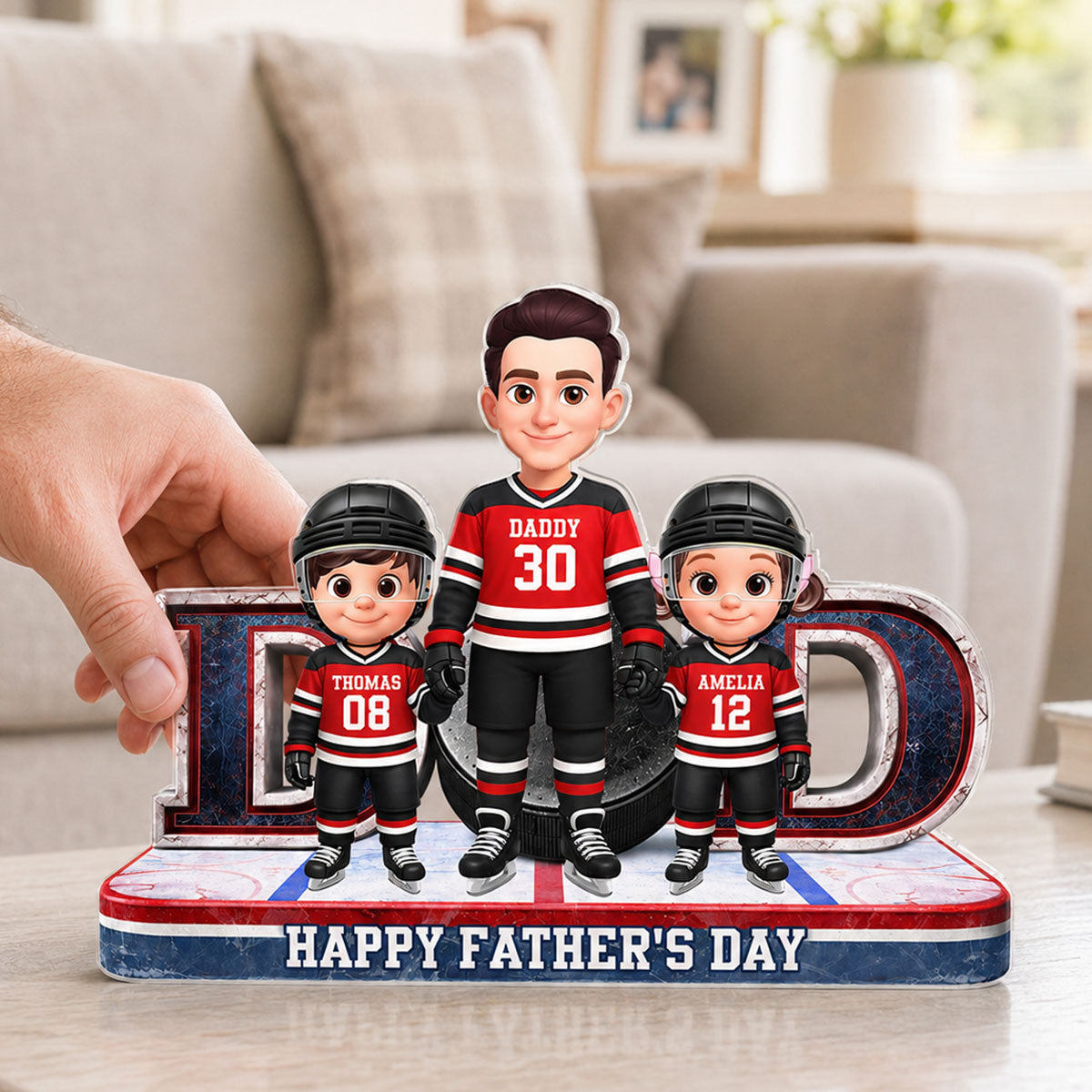 Hockey Dad And Kids Together Front View - Personalized Acrylic Block Plaque - Father's Day Gift For Dad, Husband