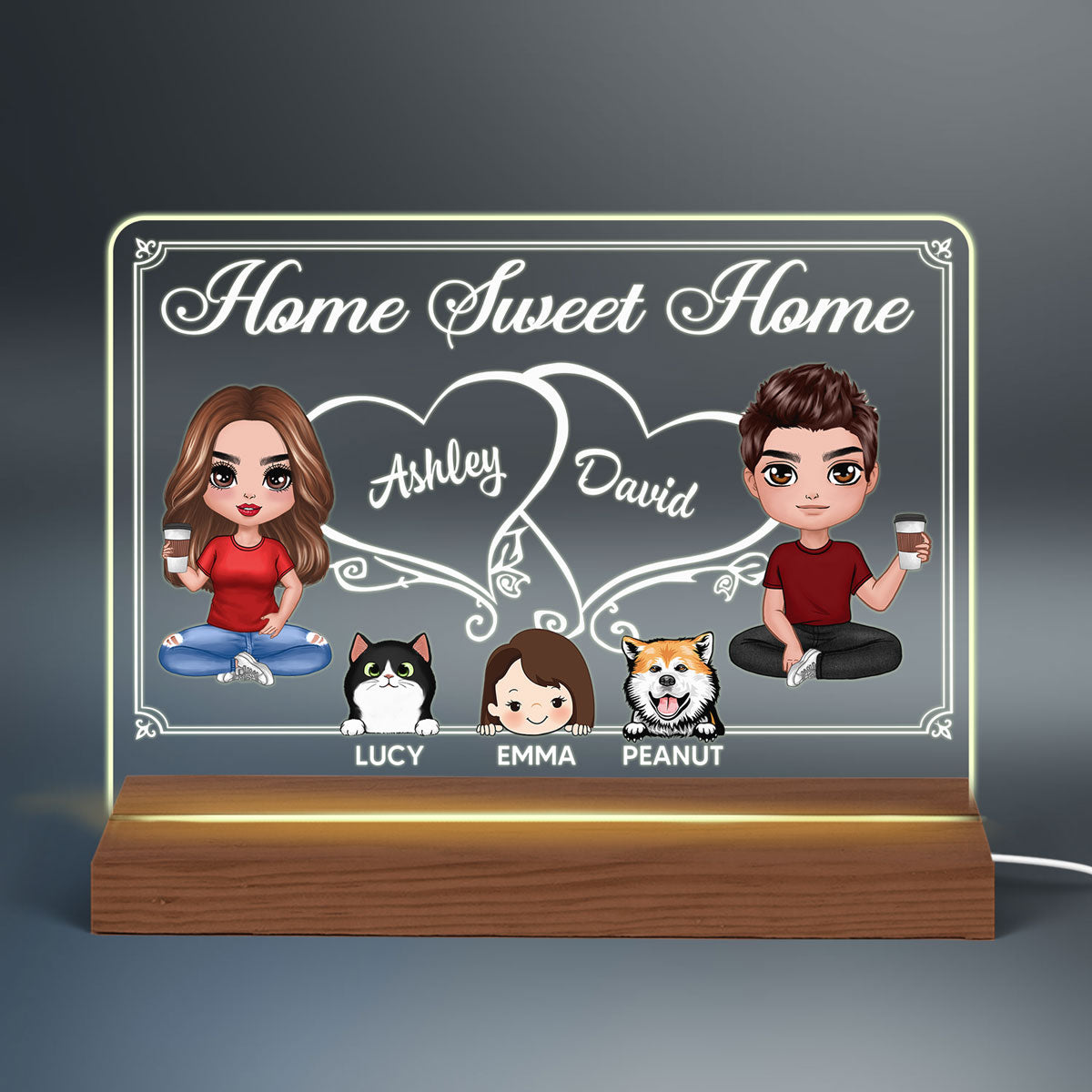 Doll Couple Dad Mom Kids Dogs Cats Sitting Home Sweet Home Personalized Custom Shape Acrylic Plaque LED Night Light