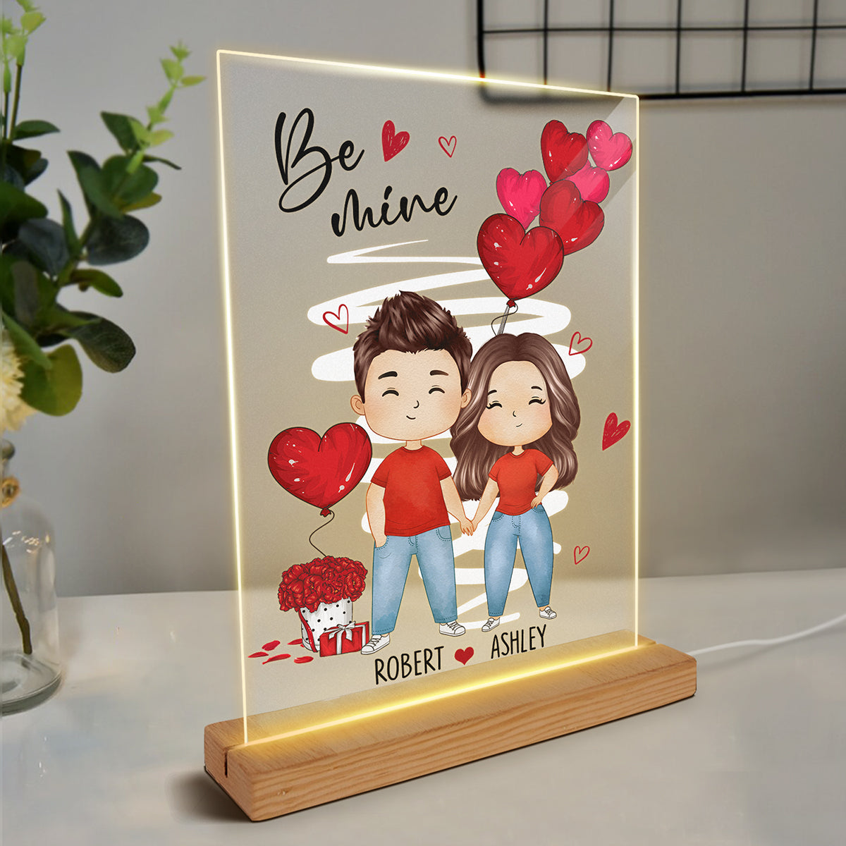 Be Mine Watercolor Couple Personalized Plaque LED Night Light - Gift For Him Gift For Her