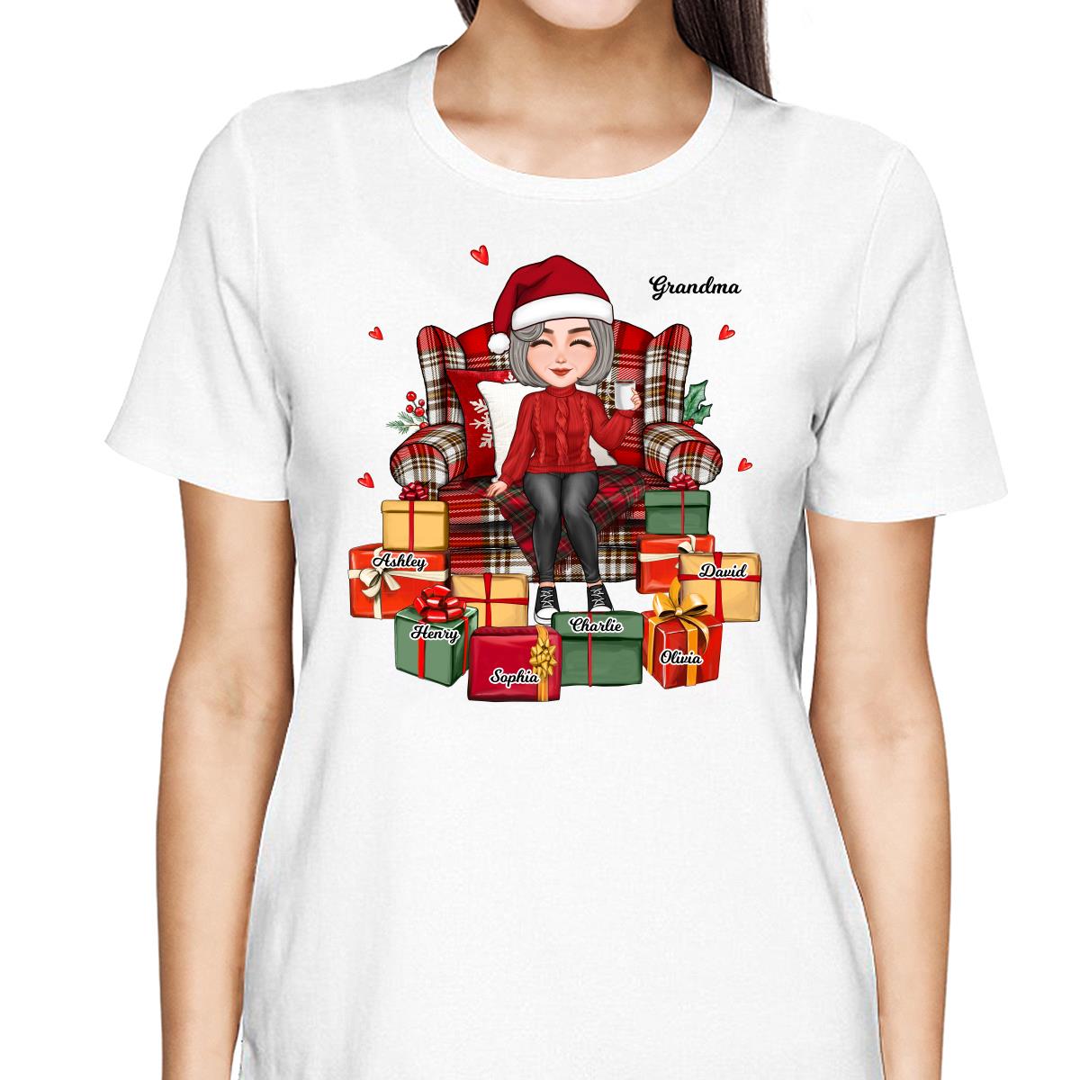 Christmas Cute Grandma Sitting On Chair Favorite Gifts Kids Names Personalized Shirt