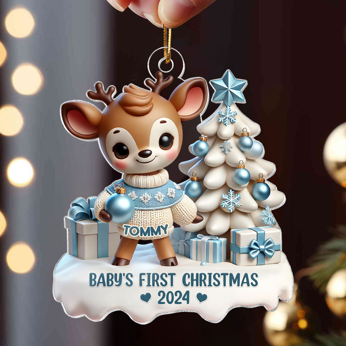 3D Effect Cute Reindeer Baby's First Christmas Personalized Acrylic Ornament, Christmas Gift For Newborns, New Parents