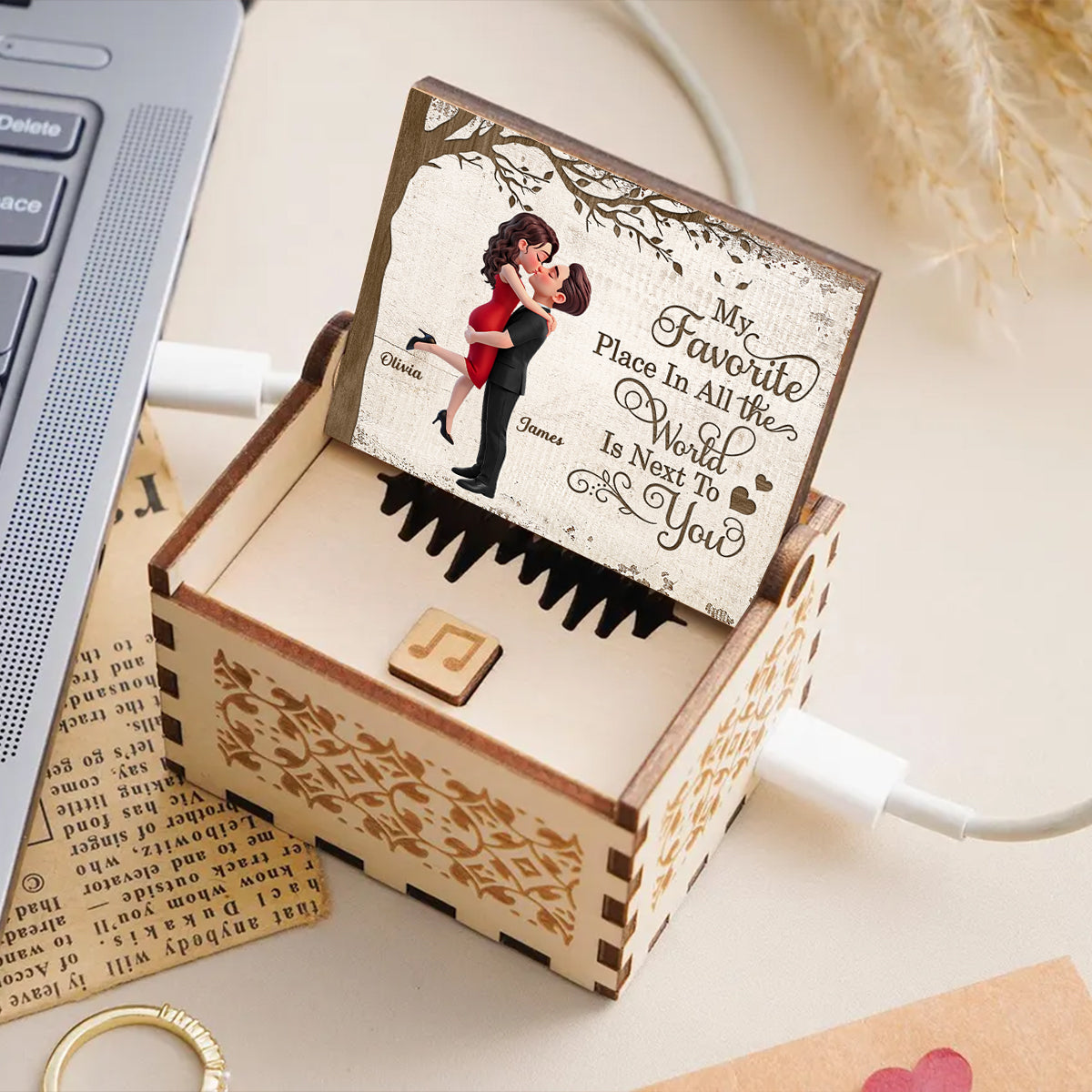 My Favorite Place is Next to You Couple Hugging Kissing - Personalized Wooden Music Box - Heartfelt Valentine's Day Gift for Her, for Him