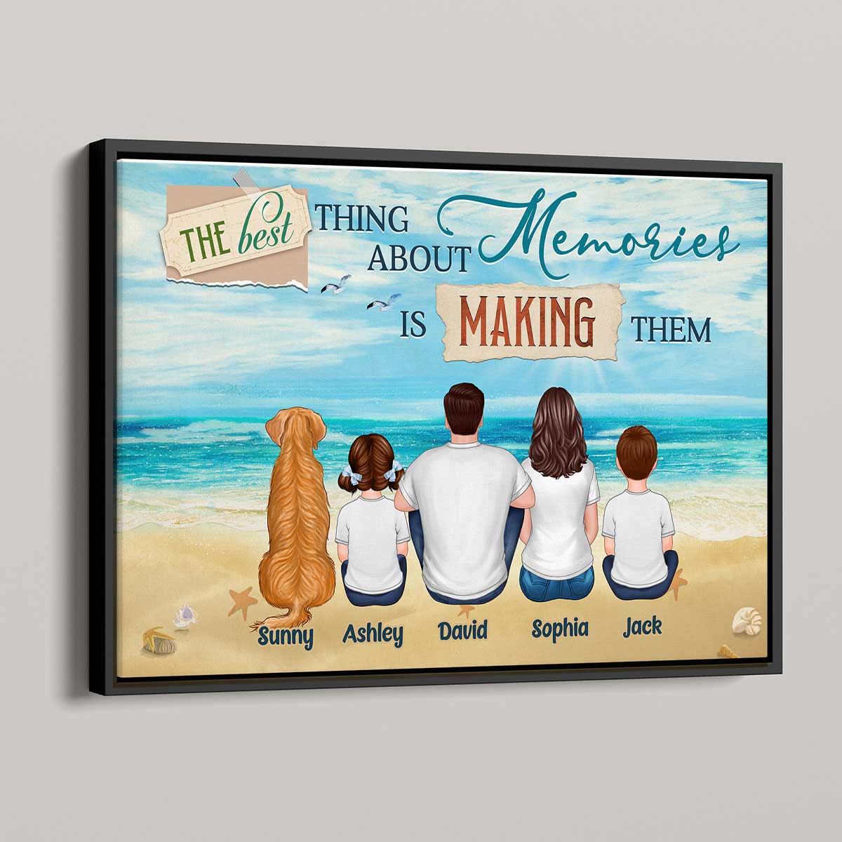 Family Sitting Back View Beach Personalized Horizontal Poster