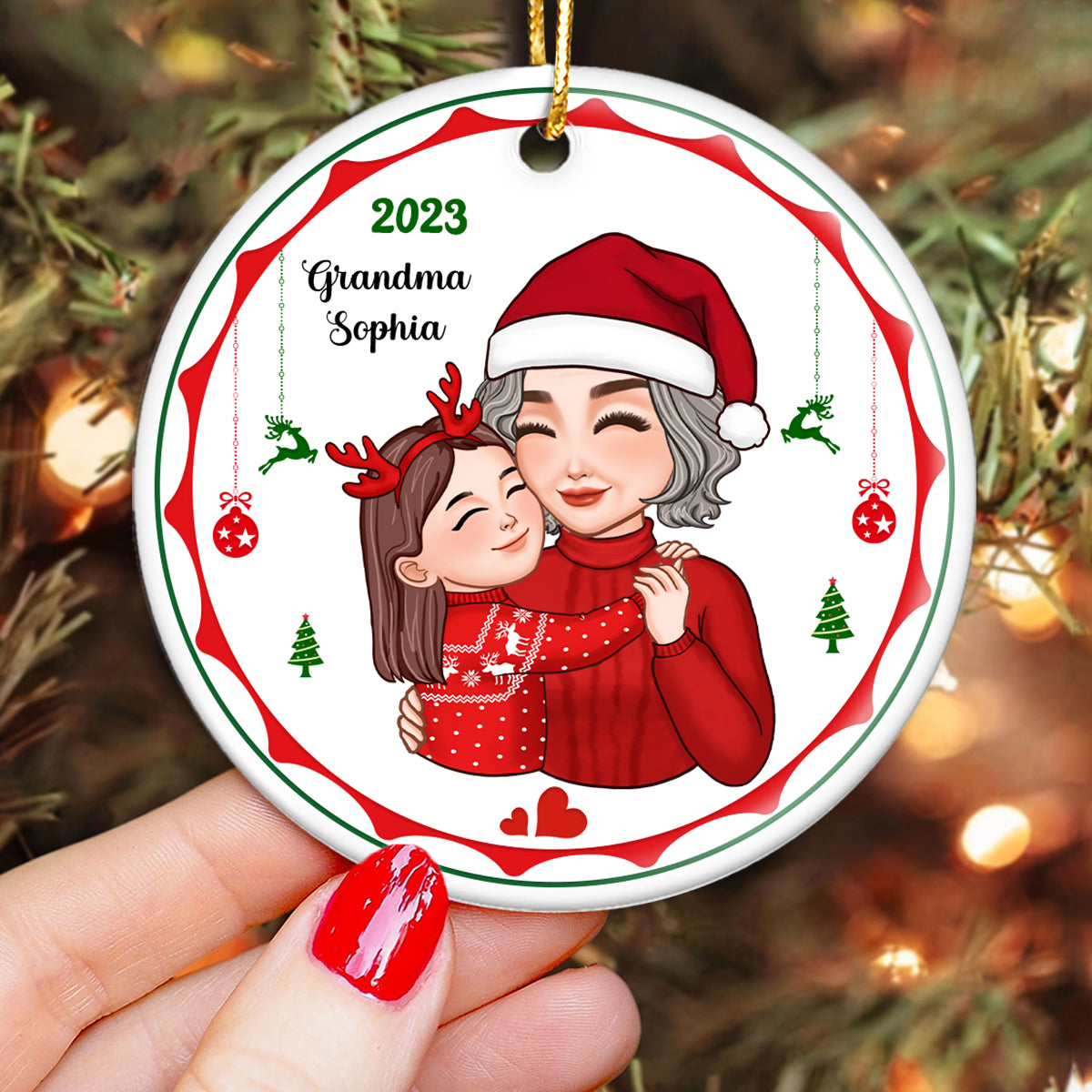 Cute Grandkid Hugging Grandma Christmas Gift Personalized Circle Ornament