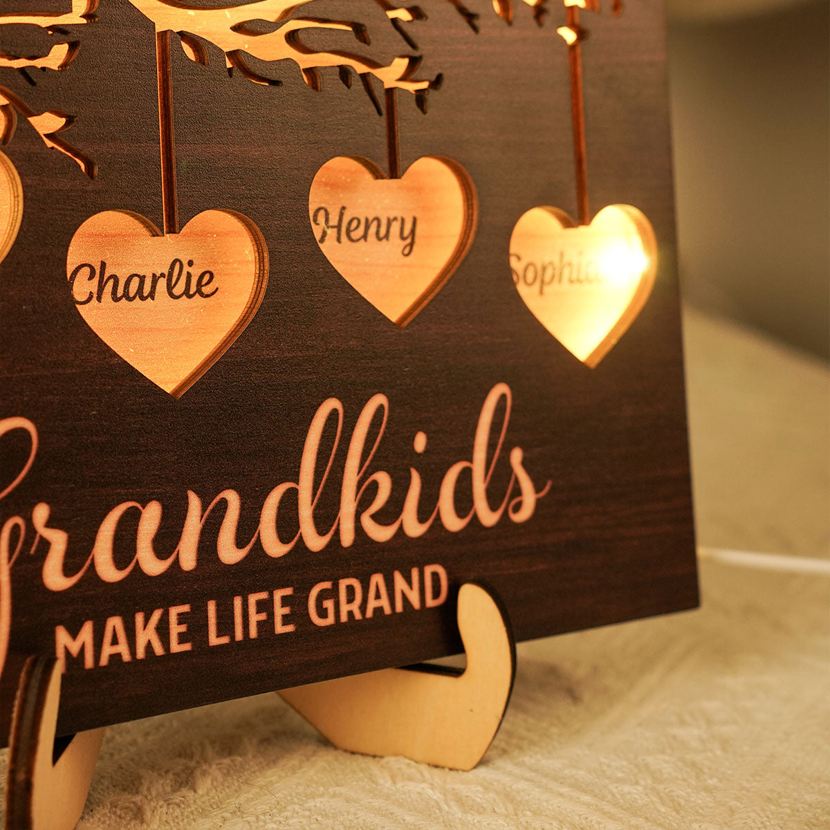 Grandkids Make Life Grandma Engraved Tree With Hearts Personalized 2-Layer Wooden Plaque With LED