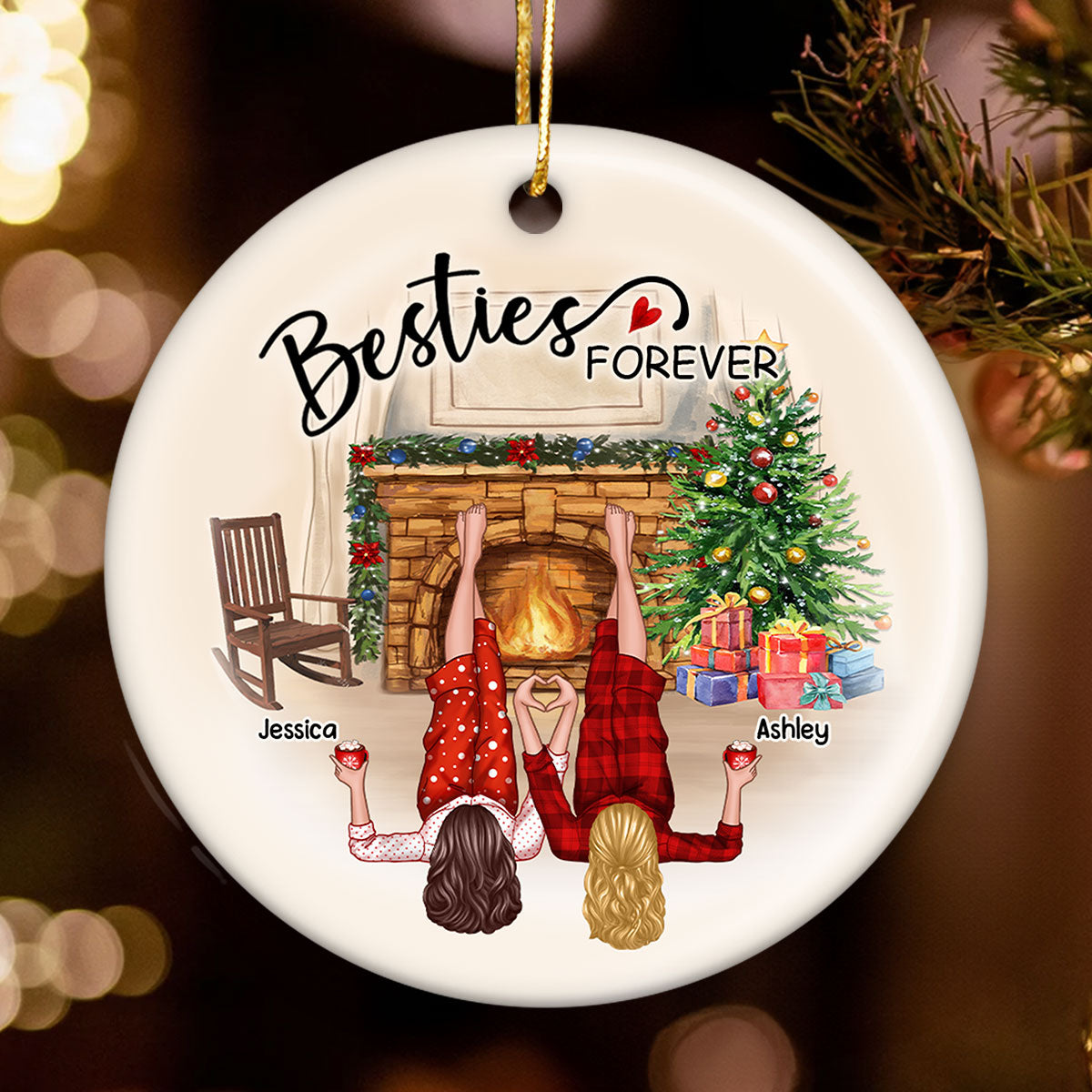 Sisters Besties By The Fireplace Personalized Ceramic Ornament, Christmas Gift for Besties, Sisters