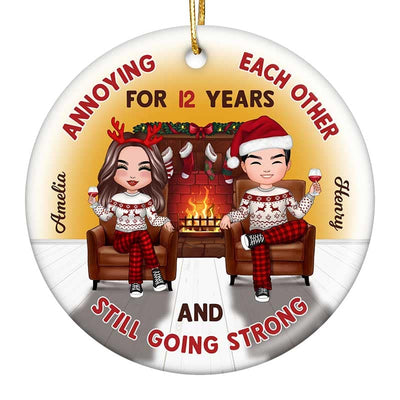 Couple Sitting On Chair Cozy Fireplace Personalized Circle Ornament
