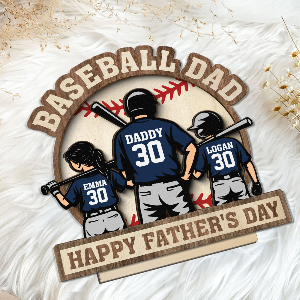 Baseball Family Back View Personalized 2-Layered Standing Wooden Plaque, Father's Day gift for Dad, for Husband