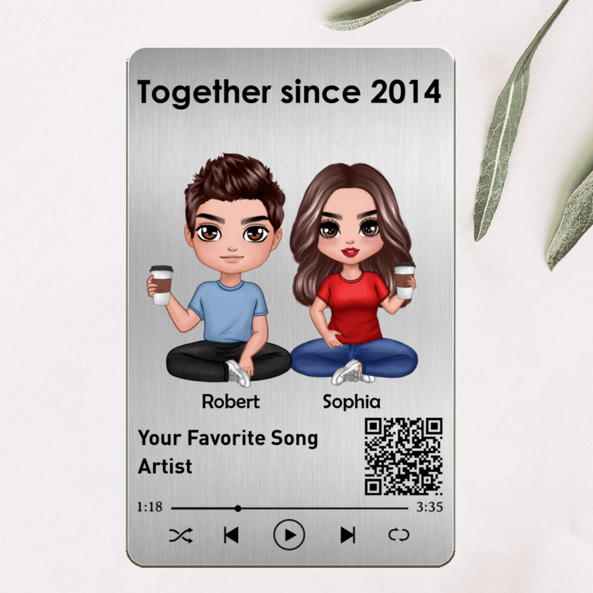 Doll Couple Sitting Together Since Favorite Song Scannable QR Code Personalized Metal Wallet Card
