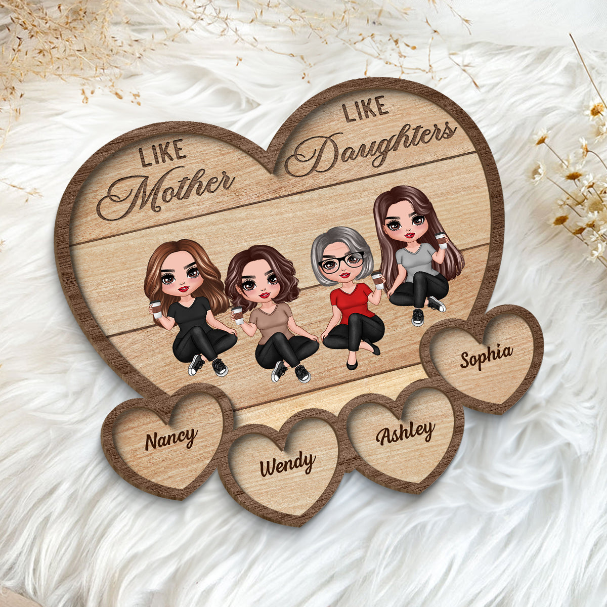 Like Mother Like Daughter Sitting Hearts Personalized 2-layer Wooden Plaque