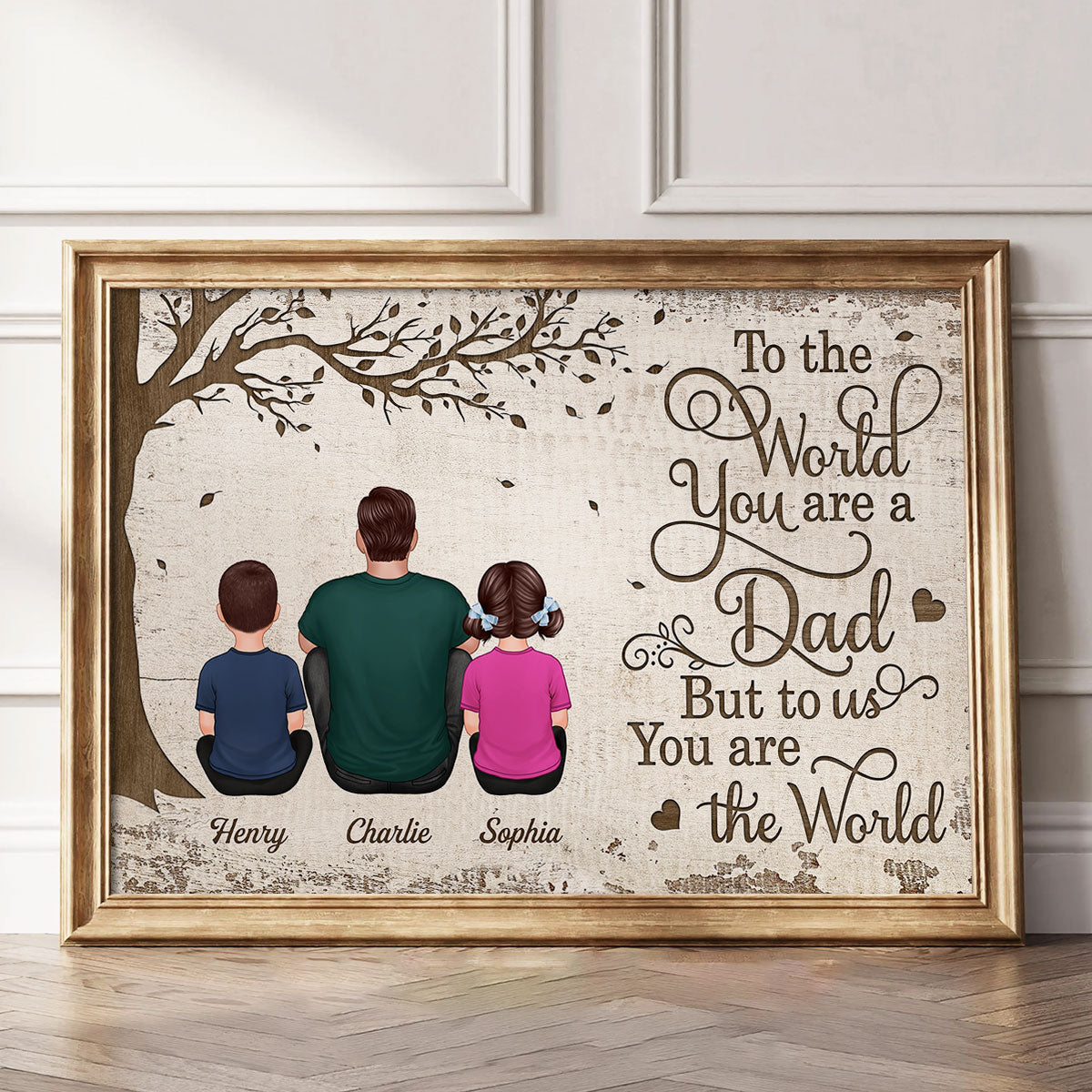 Back View Dad And Kids Dogs Cats Sitting - Personalized Poster - Gift For Dad, Husband