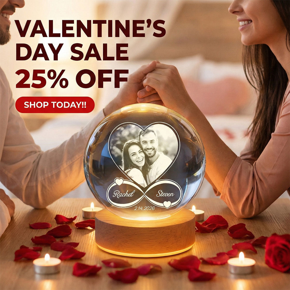 Eternal Love Custom Couple Photo Inside Infinity Heart - Personalized Crystal Ball LED Night Light - Valentine's Day Gift For Couple, For Her, For Him