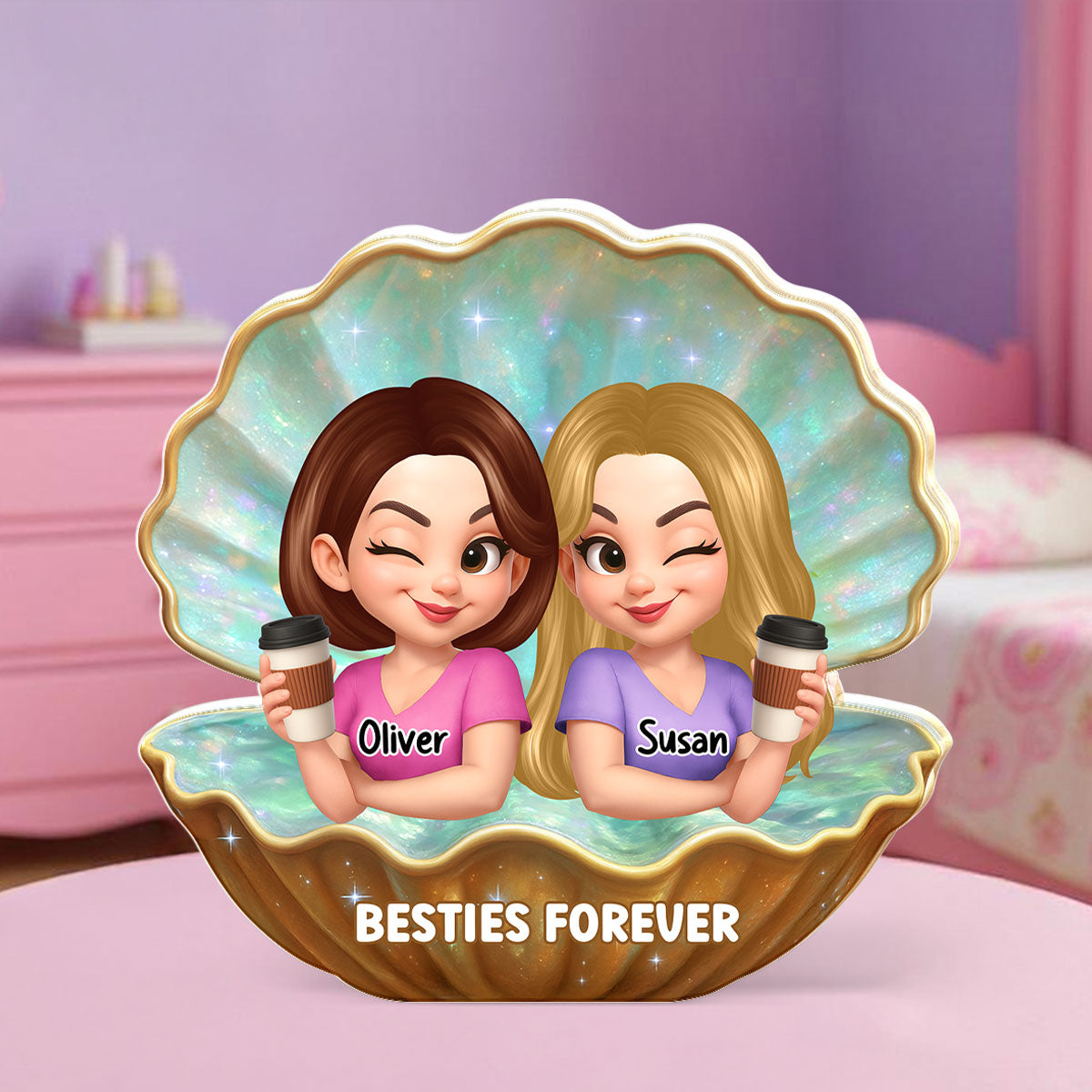 Besties Sisters Inside Seashell Pearl Personalized Acrylic Block
