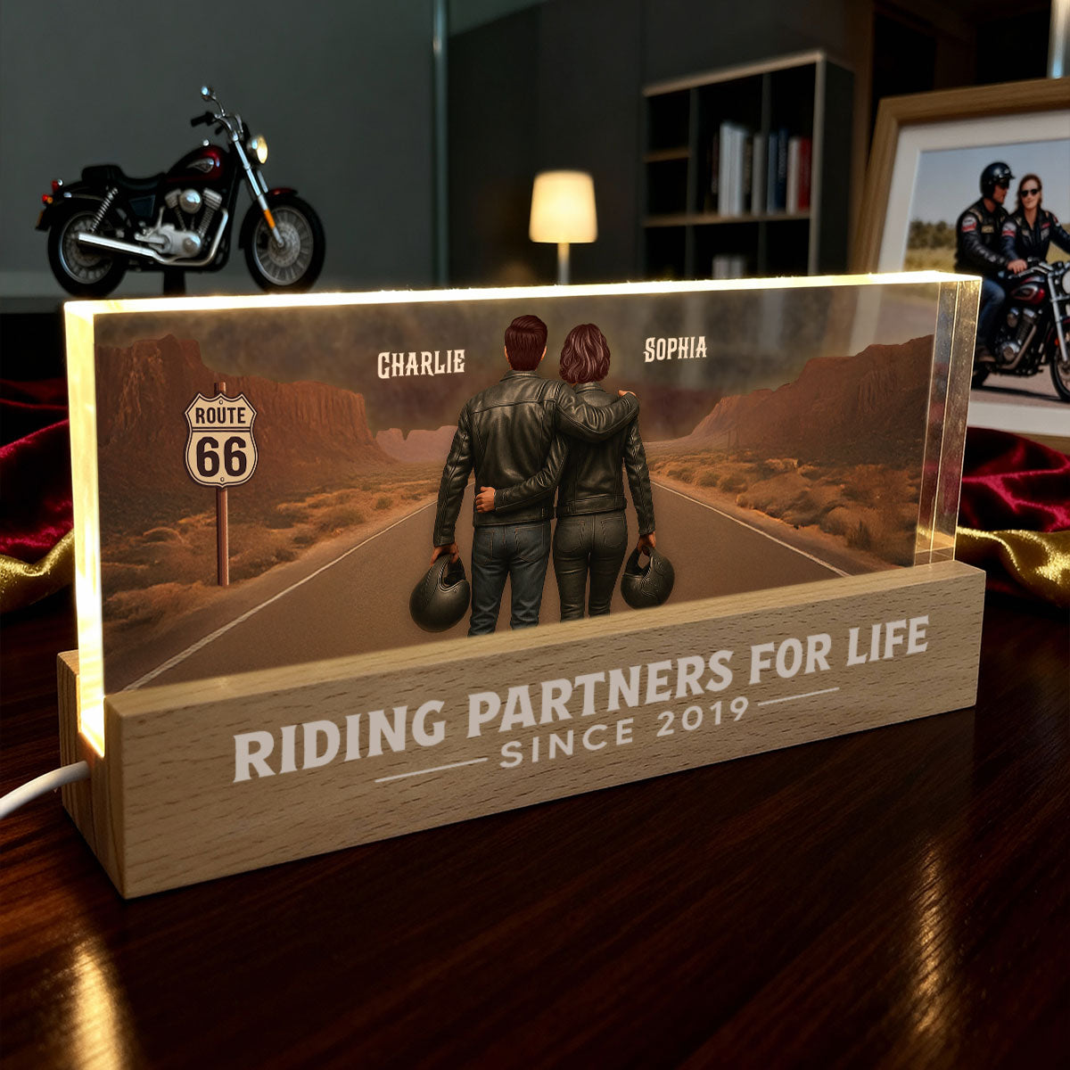 Eternal Love Back View Biker Couple Riding Partners For Life - Personalized Acrylic Block LED Night Light - Heartfelt Valentine's Day Gift, Anniversary Gift For Couple, Bikers, Gift For Him, For Her