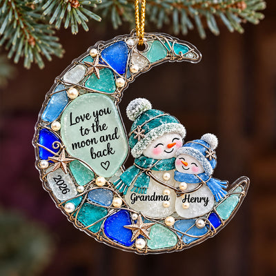 Grandma Grandkid Snowman On Moon 2D Flat Printed - Personalized Acrylic Ornament - Christmas Gift For Grandkid, Grandson, Granddaughter