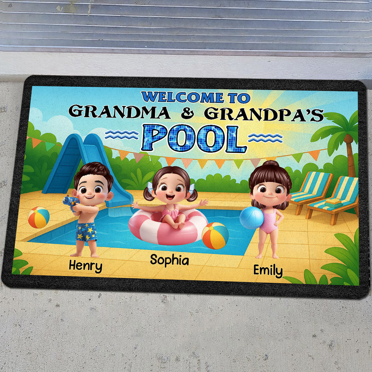 Welcome to Grandma & Grandpa's Pool Personalized Non-Slip Doormat, Entryway Front Porch Farmhouse Summer Grandkids Welcome Mat