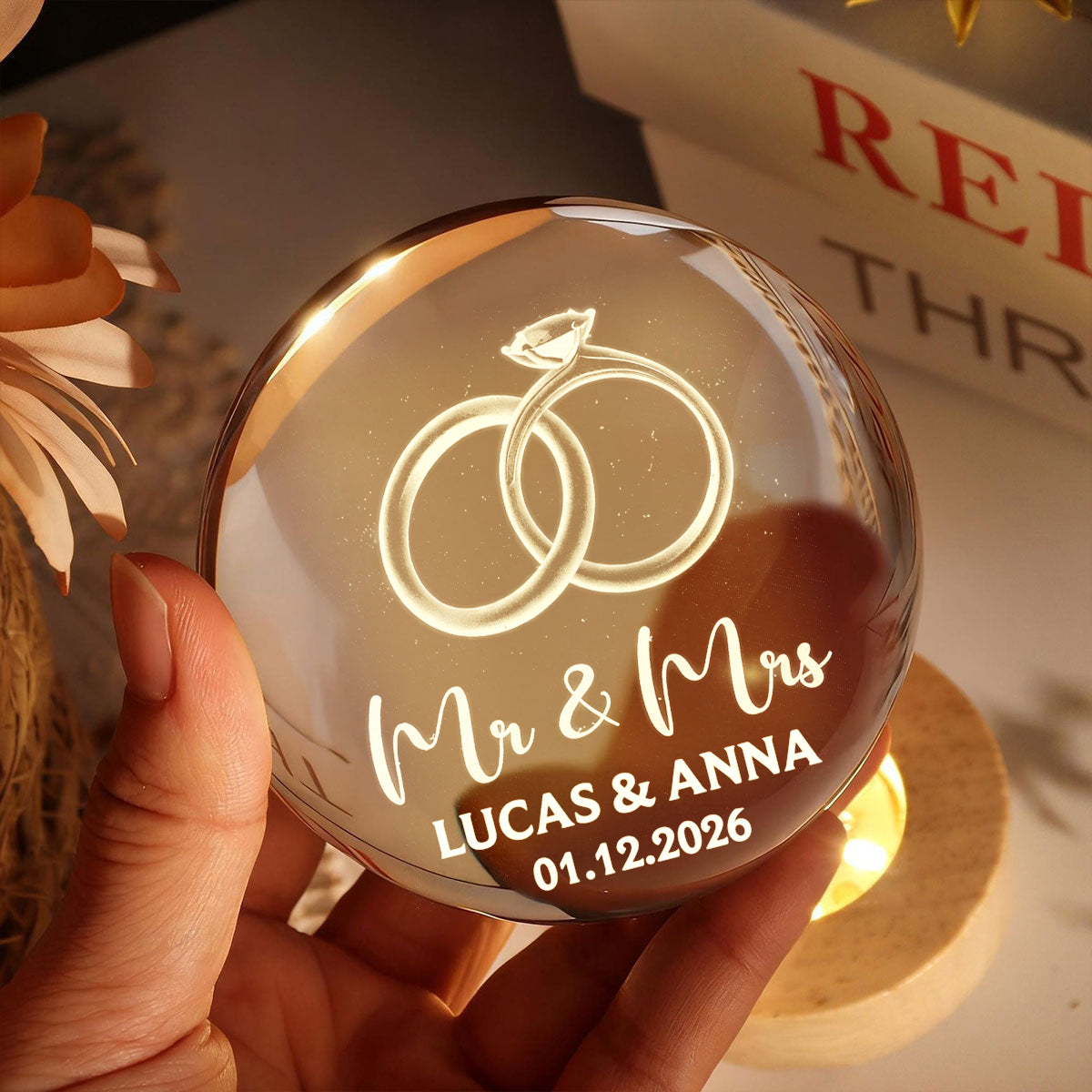 Couple Wedding Rings Interlocked - Personalized Crystal Ball LED Night Light - Heartfelt Valentine's Day Gift for Her, for Him, Wedding Anniversary Gift