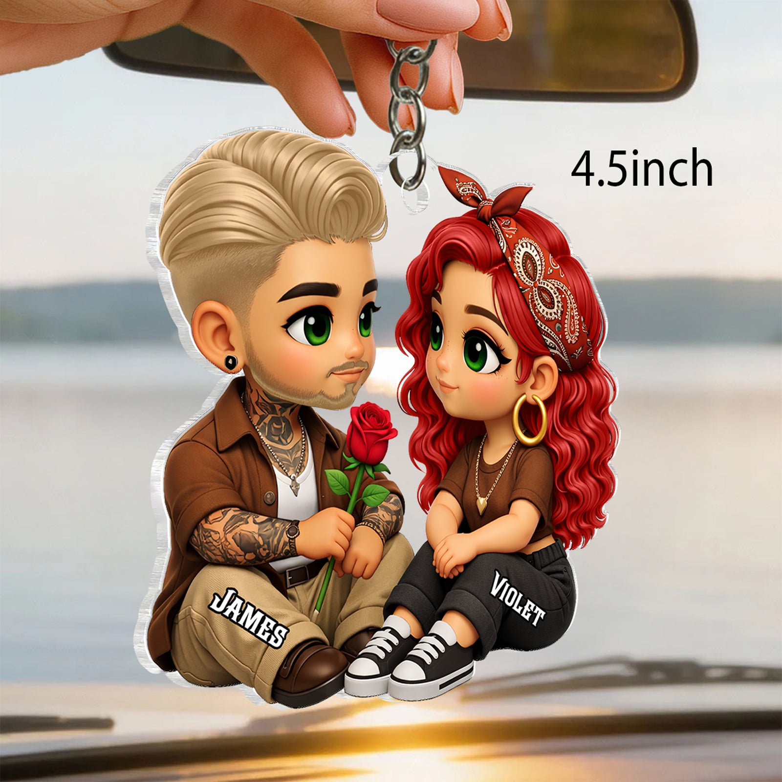 3D Effect Cute Couple A Rose For You - Personalized Acrylic Car Hanger - Valentine's Gift For Him, For Her, For Couple