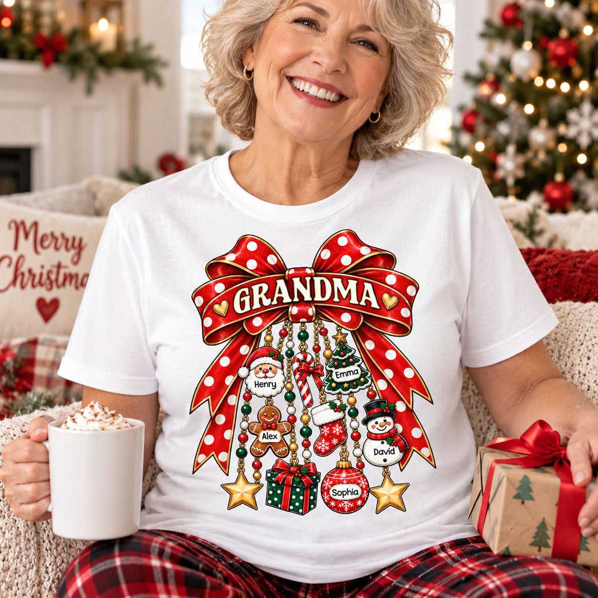 Grandma Retro Christmas Charm Bow - Personalized Shirt - Trendy Christmas Tee for Grandma