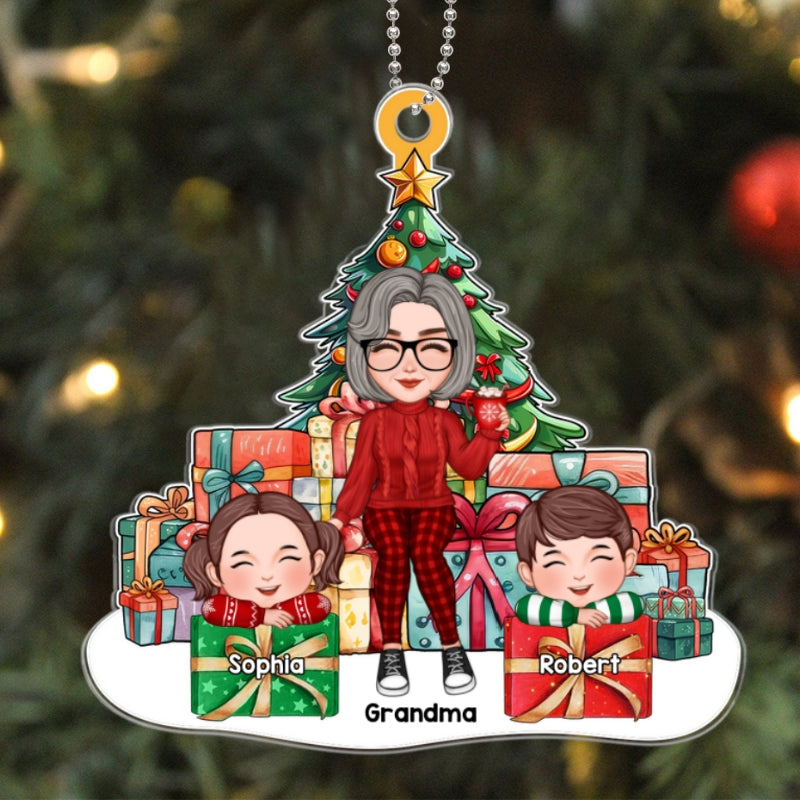 Cute Grandma Grandkids Sitting On Christmas Gift Personalized Acrylic Ornament
