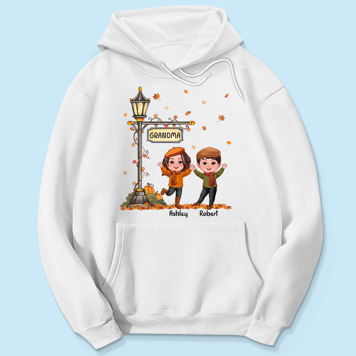 Fall Season Happy Doll Kids Under Lamp Post Personalized Shirt, Fall Season Gift For Grandma
