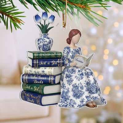 3D Effect Girl Reading Books Toile De Jouy Pattern - Personalized Acrylic Ornament - Christmas Gift For Book Lover, Bookworm
