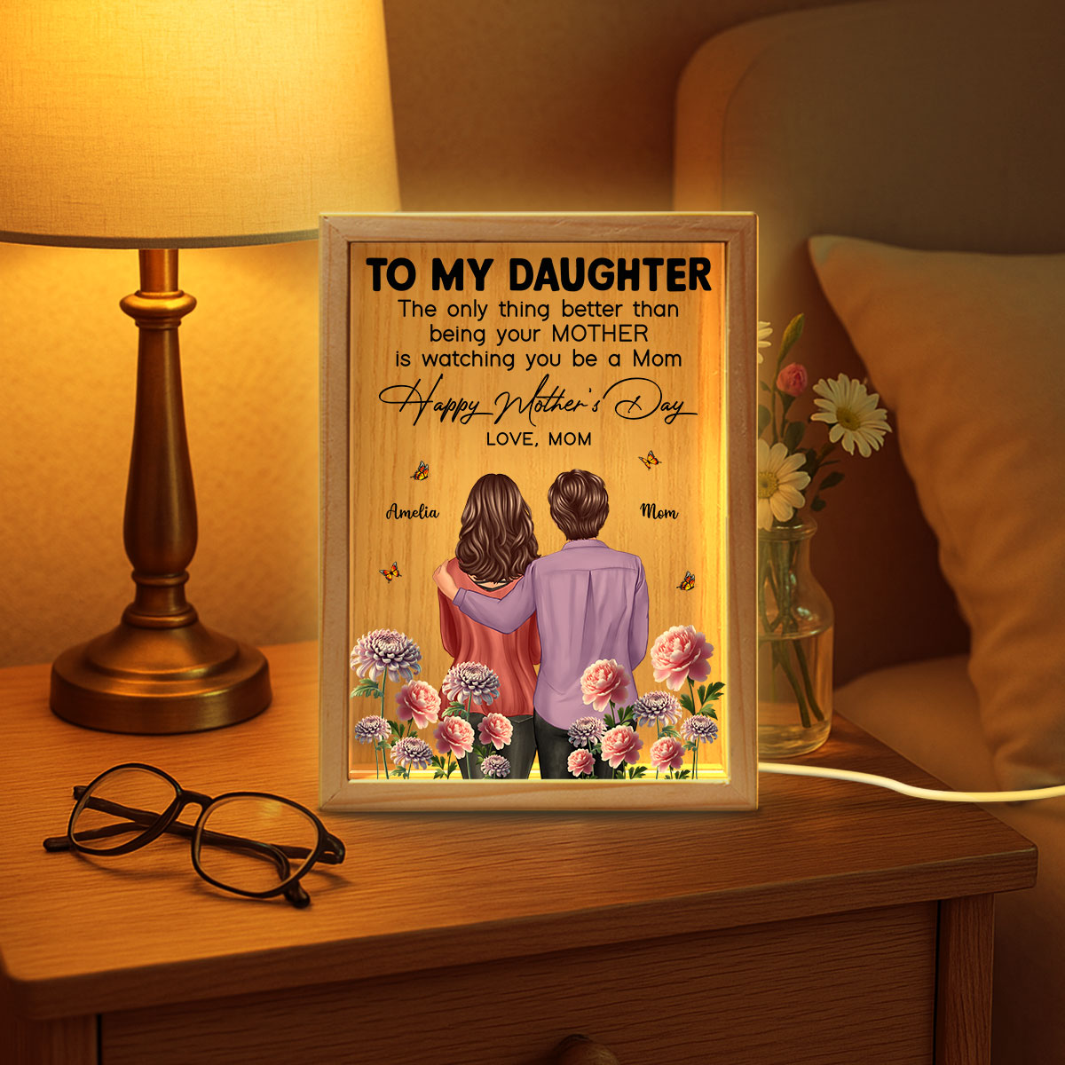 To My Daughter From Mom Happy Mother's Day Birth Flower Personalized Wooden Frame LED Light Box, Gift For Daughter