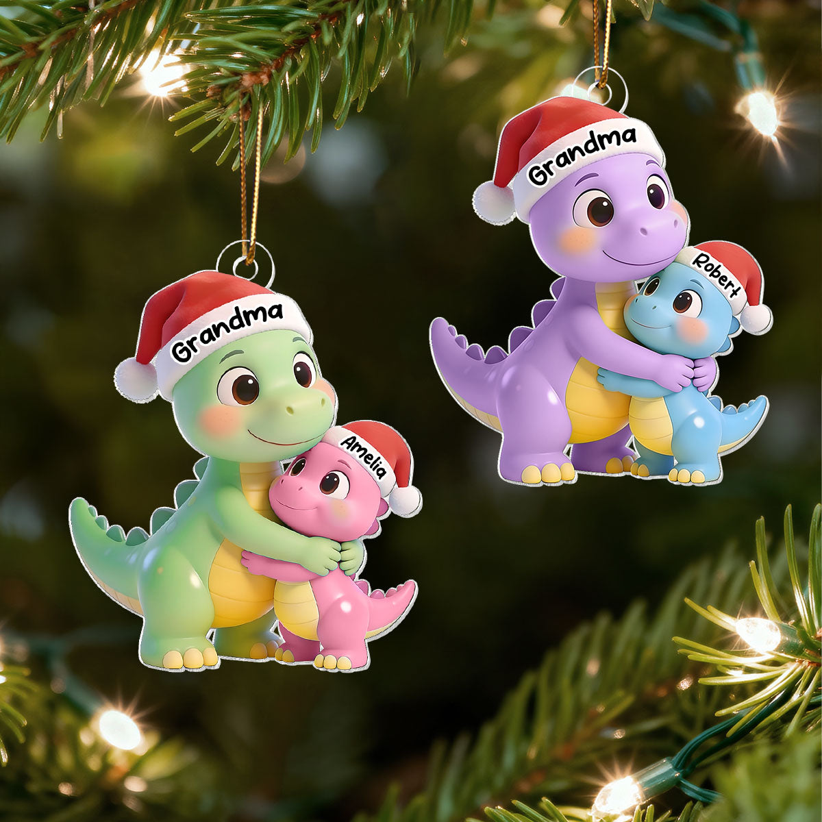 3D Effect Heartwarming Happy Grandmasaurus With Dinosaur Grandkid - Personalized Acrylic Car Hanger - Gift For Grandkids