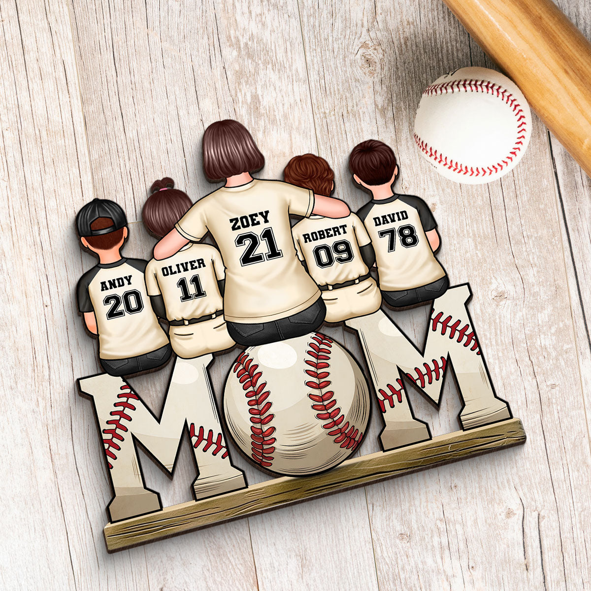 Baseball, Softball Mom And Kids Personalized 2 Layer Wooden Plaque, Gift for Mom, Gift for Wife