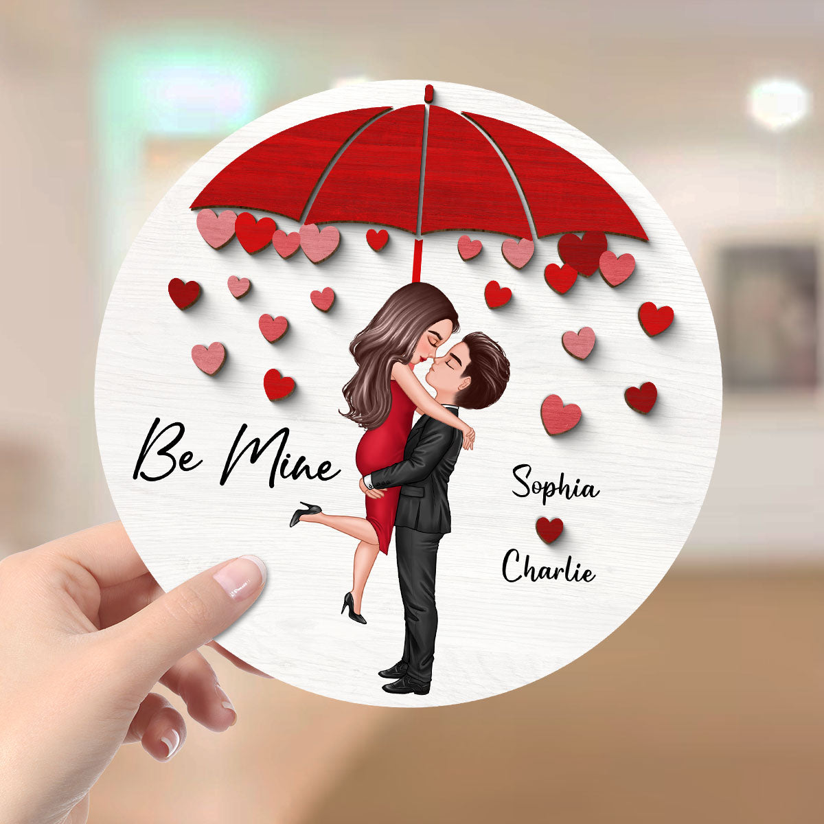Be Mine Couple Kissing Under Umbrella Personalized 2-layer Wooden Plaque