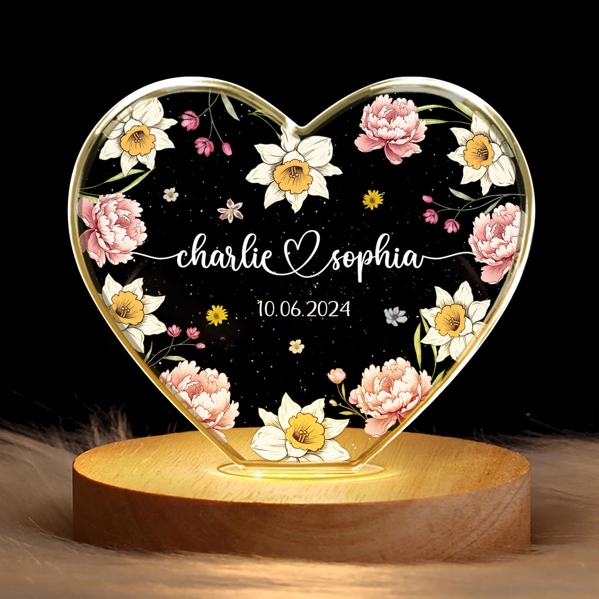 Couple Name Birth Month Flower Premium Crystal Heart LED, Unique Personalized Gift For Couple, For Him, For Her, Perfect Last-minute Valentine's Gift, Free Delivery