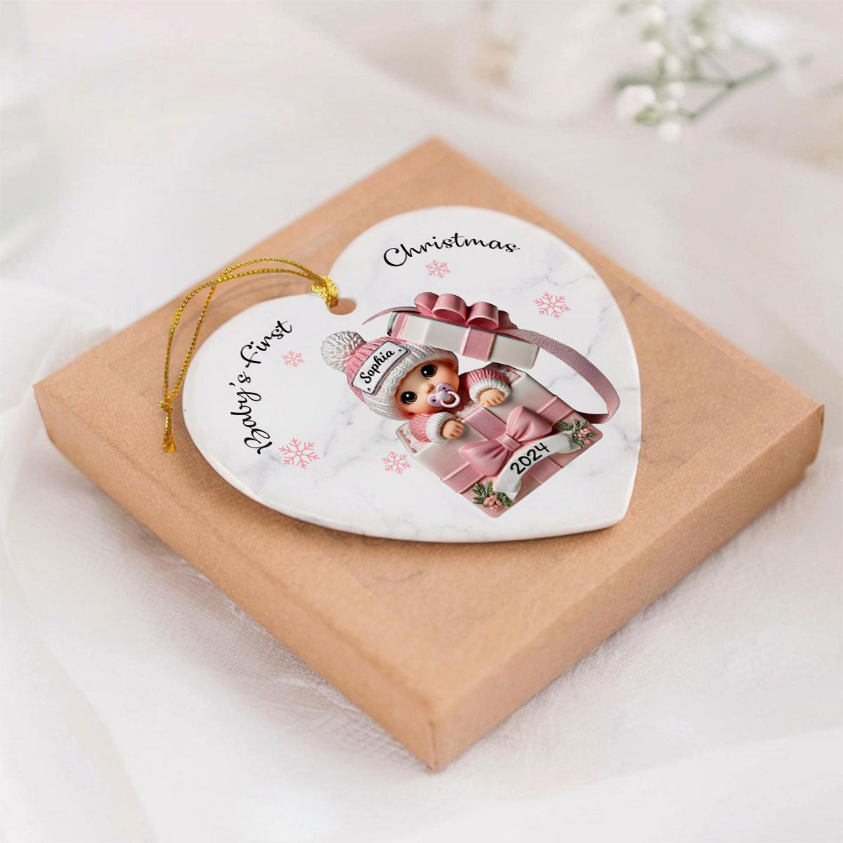 Baby Inside Gift Box Personalized Heart Ornament, Baby First Christmas Keepsake