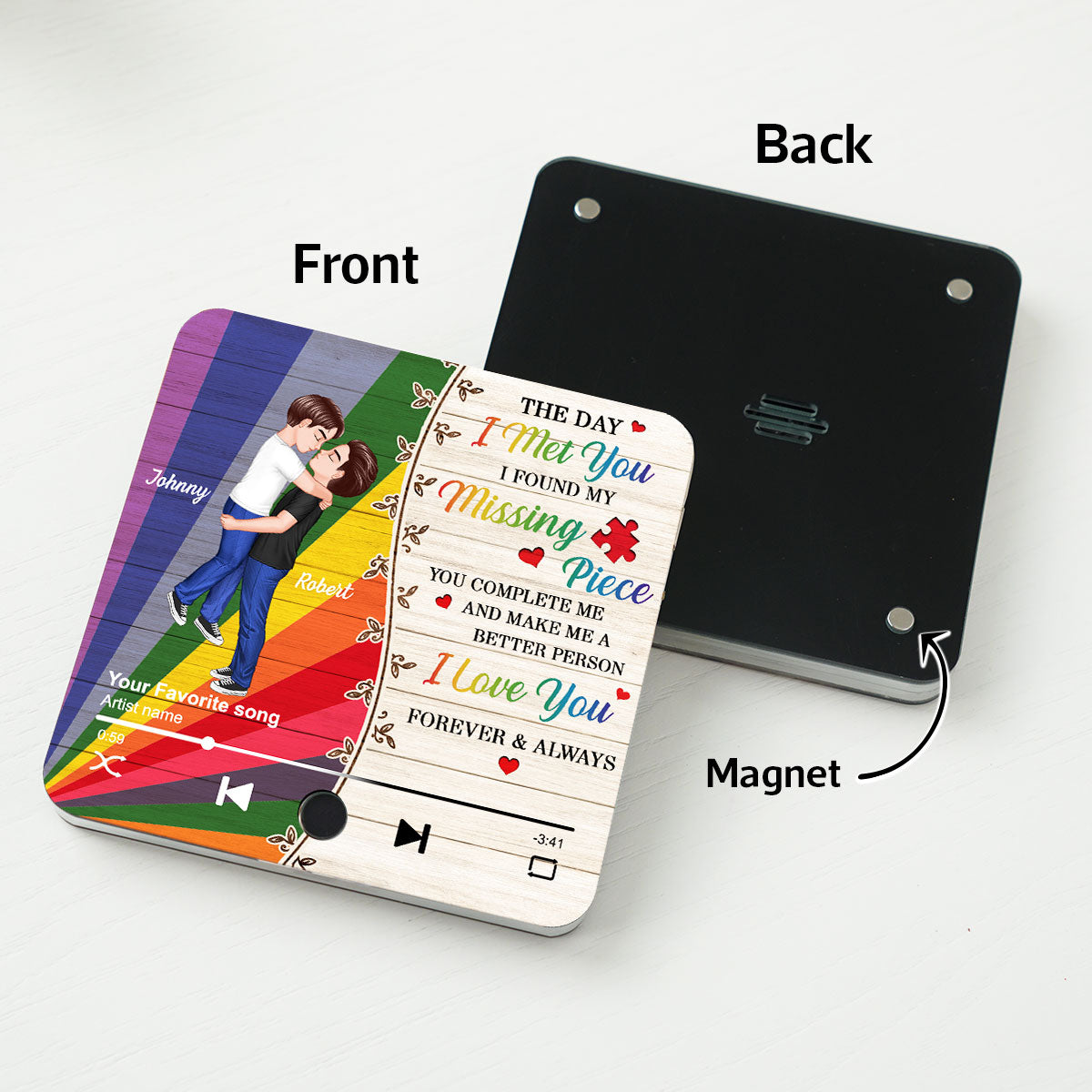 Colorful Wood Pallets The Day I Met You LGBTQ Couple Personalized Music Fridge Magnet, Pride Month Gift