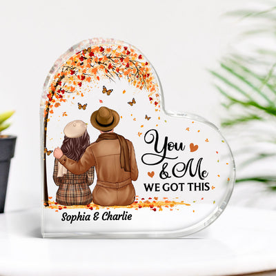 Embracing Fall Season Couple Sitting Under Tree Personalized Acrylic Heart Plaque